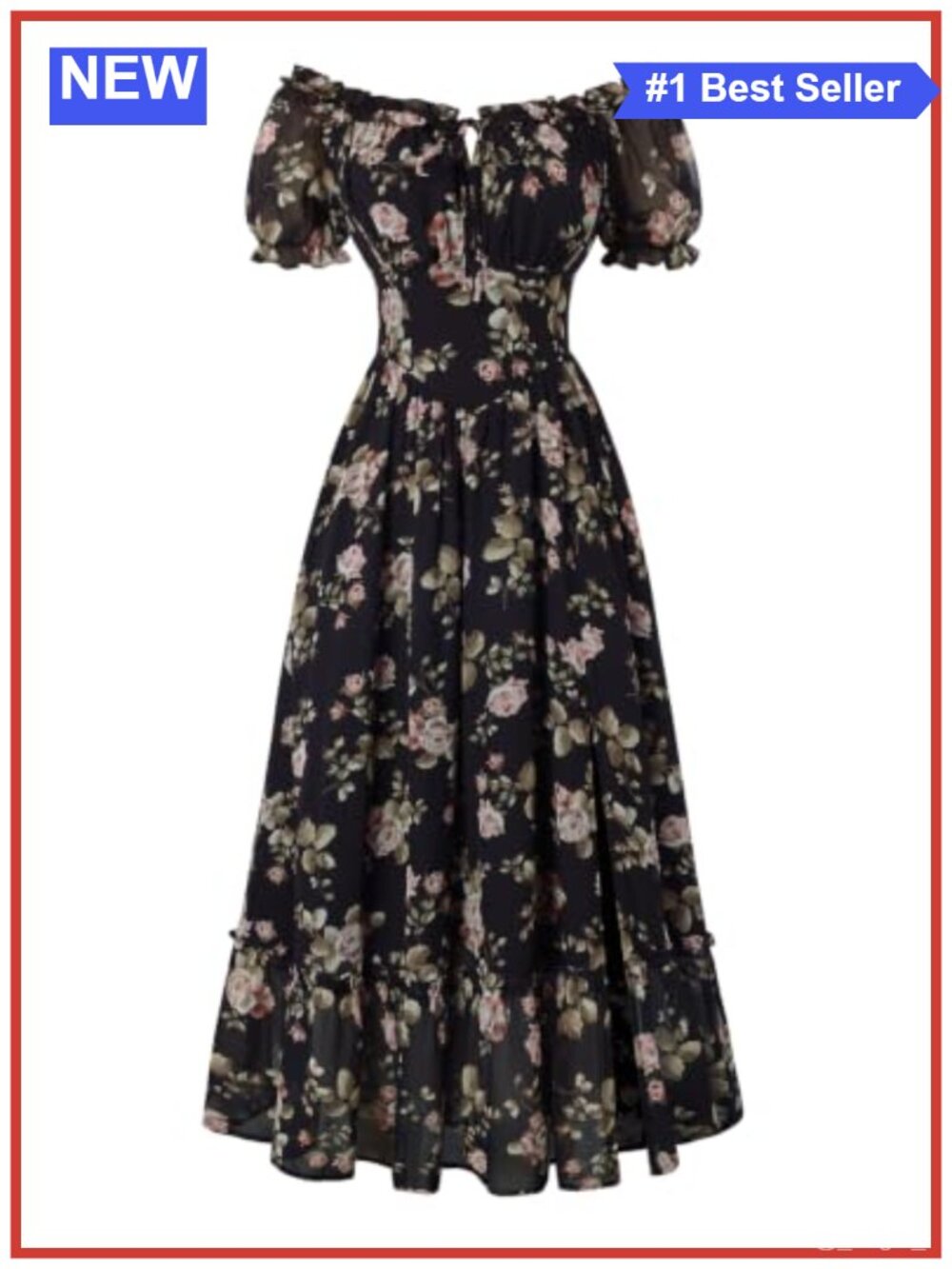 Floral Corset Midi Dress Puff Sleeve Ruffle Cottagecore Summer Wear